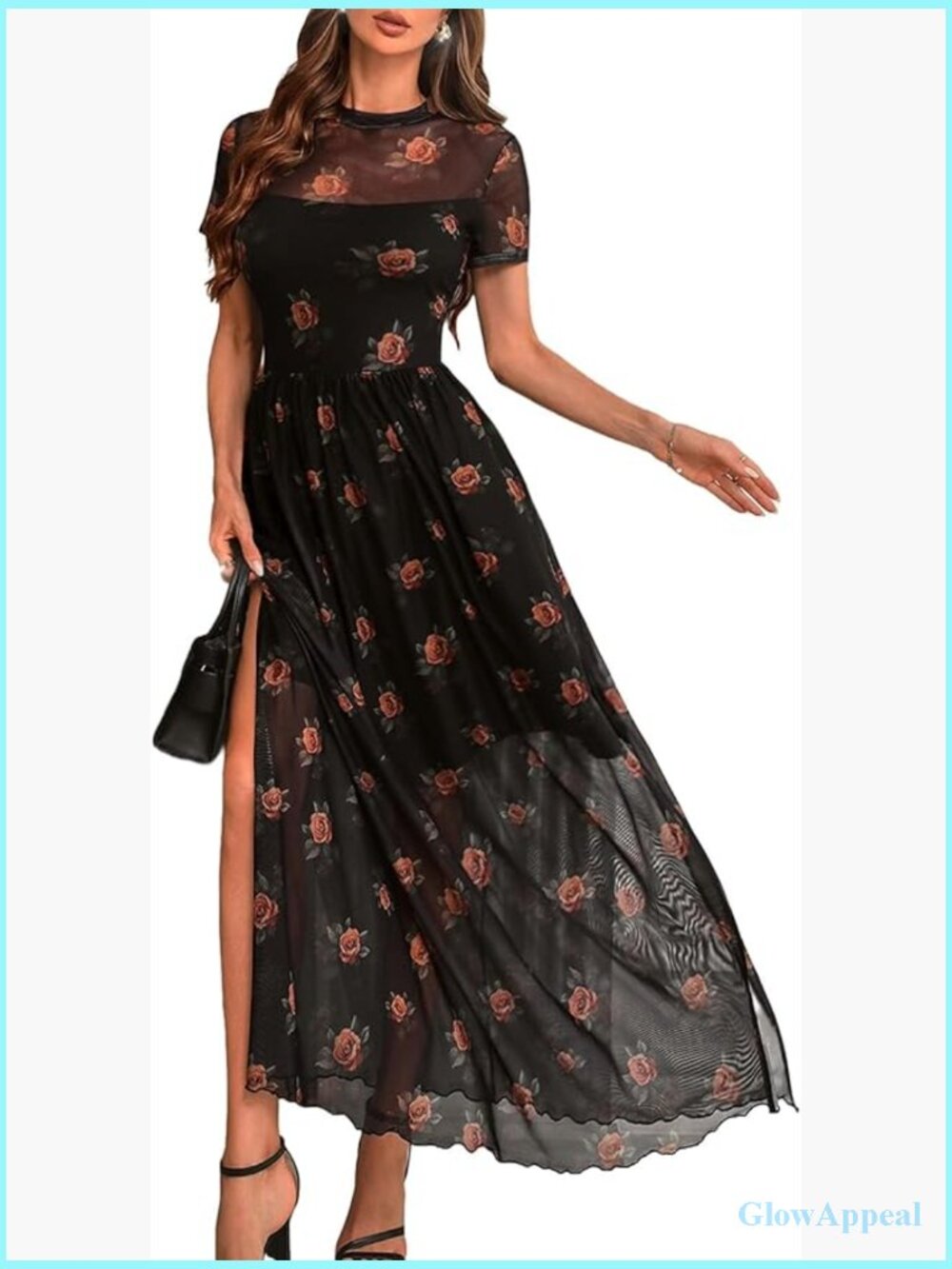 Women's Floral Mesh Maxi Dress High Slit Short Sleeve